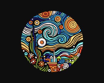 Starry Night Machine Embroidery Design, Van Gogh Inspired Circle Pattern, Instant Download