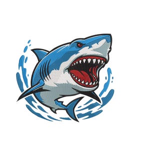 Puede incluir: Parche bordado con un tiburón feroz con la boca abierta, mostrando afilados dientes blancos y un interior rojo. El tiburón es principalmente azul y blanco, con ojos rojos, sobre un fondo de salpicaduras de agua azul. El diseño es audaz y gráfico.