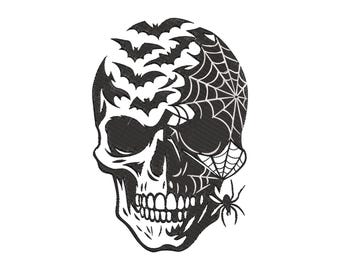 Halloween Skull Machine Embroidery Design, Spooky Bats and Spiderweb Pattern, Instant Download