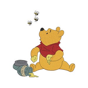 Desenho de bordado do Ursinho Pooh com o pote de mel derramado, arquivo de bordado à máquina com urso e abelhas, download instantâneo