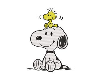 Snoopy and Woodstock Machine Embroidery Design, Happy Dog and Yellow Bird Embroidery Pattern, Instant Download
