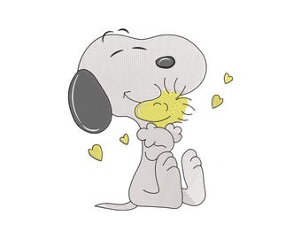 Snoopy Hugging Woodstock Machine Embroidery Design, Cartoon Dog Embroidery File, Instant Download