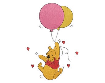 Pooh Bear Embroidery Design, Balloons Hearts Fill Stitch, Instant Download