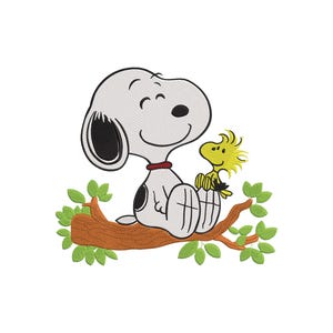 May include: An embroidered patch featuring a white beagle with a black ear and spot, wearing a red collar, sitting on a brown tree branch with green leaves. A small yellow bird with spiky feathers sits on the beagle's lap, both smiling.