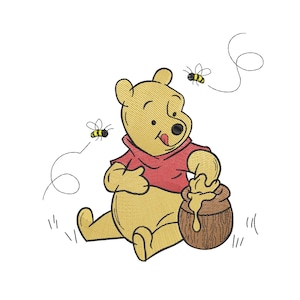 May include: An embroidered illustration of a yellow bear wearing a red shirt, sitting down and reaching into a brown honey pot with honey dripping down the side. Two small bees with yellow and black stripes fly around the bear in the air.