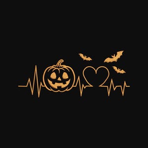 May include: An orange embroidered graphic on a black background featuring a continuous heartbeat line that incorporates a jack-o'-lantern pumpkin, a heart shape, and three small flying bats positioned above the heart and pumpkin design.