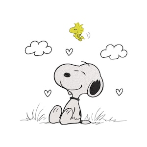 May include: An embroidered design featuring a white Snoopy character with a black collar sitting in grass, looking up at a small yellow Woodstock bird. The scene includes two white clouds, three small black hearts, and simple black line art details.