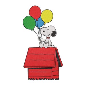 May include: An embroidered design featuring a white beagle with black ears sitting on top of a red doghouse. The beagle holds a cluster of four balloons in green, red, yellow, and blue. The entire image is rendered with visible embroidery stitching.