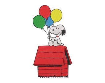 Snoopy Embroidery Design, Doghouse and Balloons Cartoon Machine File, 5 Sizes, Instant Download
