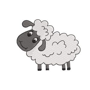 Puede incluir: Un diseño de bordado de una oveja con cara y orejas de color gris oscuro, con ojos grandes y una boca sonriente. La oveja tiene un pelaje de lana blanca, grueso y rizado, representado con costuras detalladas y cuatro patas gris oscuro.