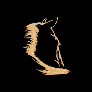 May include: A gold-colored embroidery design depicting the profile of a horse head against a solid black background. The horse is rendered in a textured, stitch-like pattern that highlights the mane, ears, and facial features in metallic gold.