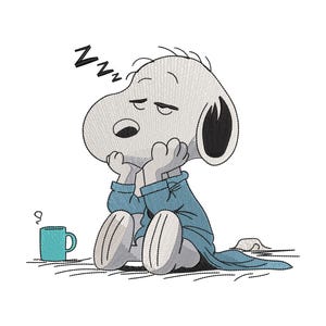 May include: An embroidered design of a white cartoon dog with black ears wearing a blue robe, sitting with hands on chin and eyes closed in a sleepy expression. Three black Zs float above the head, and a small teal mug sits to the left.
