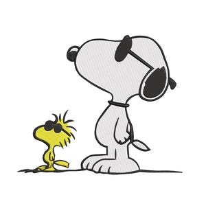 May include: An embroidery design featuring a white beagle with black ears and a black collar wearing dark sunglasses, standing next to a small yellow bird with spiky feathers also wearing dark sunglasses, all outlined in bold black stitching.