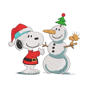 May include: An embroidery design featuring Snoopy wearing a red Santa hat and coat with a black belt, standing next to a snowman with a green tree topper, an orange carrot nose, and three black buttons, with Woodstock perched on a twig arm.