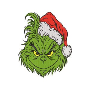 May include: An embroidered patch featuring the green, furry face of a character with a scowling expression, yellow eyes, and a red Santa hat with white trim. The design uses detailed stitching to create texture and defined outlines.