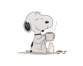 Snoopy Drinking Coffee Machine Embroidery Design, Morning Mug Cartoon File, Instant Download