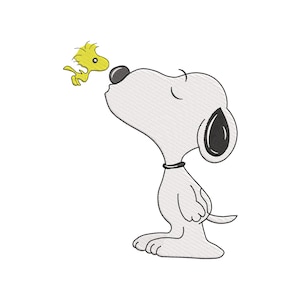 May include: An embroidery design featuring a white dog with a black nose, collar, and ear, facing a small yellow bird. The characters are outlined in black thread, creating a clean, stitched appearance suitable for fabric application projects.