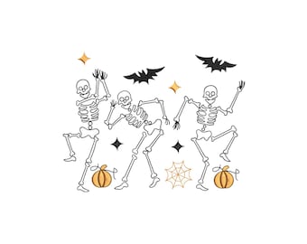 Spooky Skeletons Embroidery Pattern, Line Art Halloween Pumpkins and Bats File, Instant Download