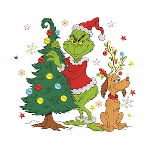 May include: An embroidered design featuring a green character in a red Santa suit decorating a green Christmas tree with colorful ornaments, accompanied by a brown dog wearing reindeer antlers, surrounded by red and yellow stars and snowflakes.