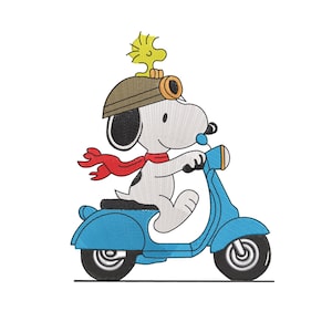 Projekt haftu Snoopy'ego na hulajnodze, plik do maszyny do haftu kreskówkowego, natychmiastowe pobranie