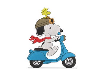 Snoopy Riding Scooter Embroidery Design, Cartoon Fill Stitch Machine File, Instant Download
