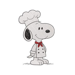 May include: An embroidery design featuring a white beagle character wearing a chef hat and a white chef jacket with black buttons and a red neckerchief. The character has black ears, a black nose, and black eyes, rendered in a clean line art style.