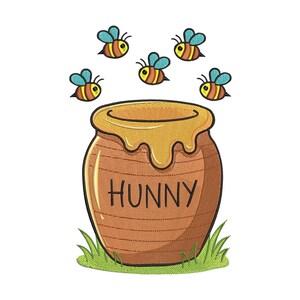 Puede incluir: Un diseño bordado de una olla de miel marrón con la palabra HUNNY escrita en letras negras en el frente. La olla está llena de miel amarilla que gotea sobre el borde y está rodeada por cuatro pequeñas abejas con alas azules, sobre hierba verde.