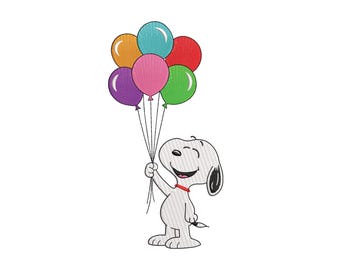 Snoopy Birthday Balloons Machine Embroidery Design, Colorful Cartoon Dog Embroidery File, Instant Download