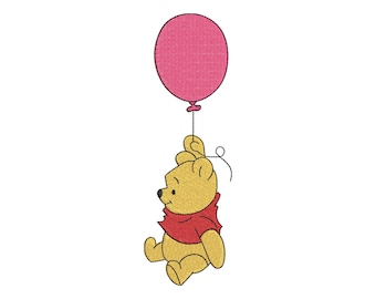 Pooh Bear Machine Embroidery Design, Cartoon Bear Floating with Pink Balloon File, Instant Download