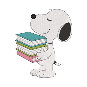 Snoopy Embroidery Design, Stack of Books Cartoon Machine File, 5 Sizes, Instant Download