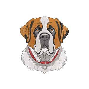 May include: Embroidered image of a Saint Bernard dog's head. The dog has brown and white fur, with a red collar. The image is detailed, showing the dog's facial features and fur texture. The background is white.
