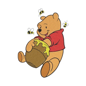 May include: An embroidered design of a golden-yellow bear wearing a red shirt, holding a brown honey pot with yellow honey dripping from the rim, surrounded by three small flying bees with black and yellow stripes and white wings.