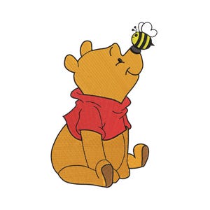 May include: An embroidered design of a yellow bear with a red shirt sitting down and looking up at a small yellow and black striped bee perched on its nose. The bear has brown accents on its feet and ears, with black outlines throughout the image.
