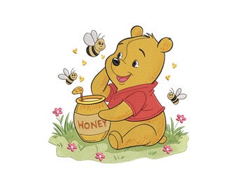 Winnie the Pooh Embroidery Design, Honey Bear Bees Machine Stitch File, Instant Download
