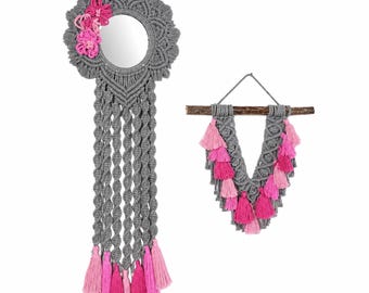 Zestaw lustra i zawieszki ściennej z makramy, dekoracja ścienna w stylu boho, tkane lustro i zawieszka