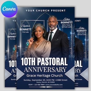May include: A flyer for the 10th Pastoral Anniversary of Grace Heritage Church. The design features a couple in formal attire, with text including names, church details, and event information. The background is a dark blue with a city skyline.