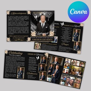 May include: A memorial service program with a black background and gold floral accents. The program includes photos, text, and the name "Tephaniah." The Canva logo is visible in the upper right corner.