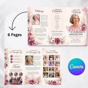May include: A six-page funeral program template featuring a cream background with watercolor floral accents in shades of mauve and pink. The layout includes sections for an obituary, order of celebration, and photo collages for Victoria Anderson.