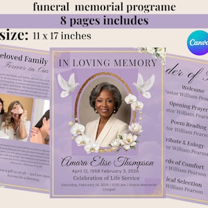 May include: A funeral memorial program with a portrait of Amara Elise Thompson, 11 x 17 inches. The program includes 8 pages and features a lavender background with floral and dove accents. Text includes service details.