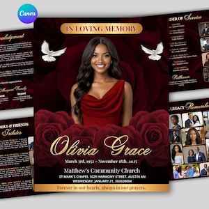 May include: A memorial service program with a portrait of a woman in a red dress, surrounded by red roses. The program includes the text "In Loving Memory" and the name "Olivia Grace". Additional text includes service details and a closing message.