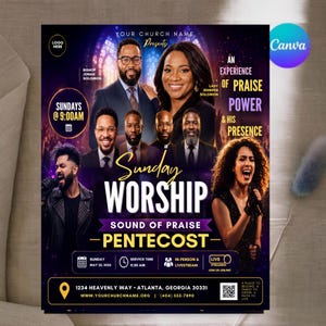May include: A church event flyer featuring portraits of several individuals, including Bishop Jonah Solomon and Lady Jennifer Solomon. The text reads Sunday Worship, Sound of Praise, Pentecost, and includes event details like May 25, 2025, at 11:30 AM.