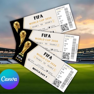 May include: Three FIFA World Cup 2026 tickets with gold trophy graphics and event details. The tickets are white with black and gold accents, featuring team matchups, date, time, and venue information. The background shows a stadium and sky.