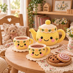 Peut inclure: Une théière jaune au crochet avec un couvercle, deux tasses à thé jaunes au crochet avec des centres marron et deux biscuits au crochet sur une assiette en bois. Chaque élément présente un visage souriant avec des joues roses et une bordure fleurie.
