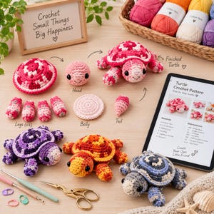 Op de afbeelding: Een haakset voor schildpadden met garenbollen, een tablet met een Turtle Crochet Pattern en verschillende afgewerkte gehaakte schildpadden in roze, paars, oranje en blauw. Bevat een bordje met de tekst Crochet Small Things Big Happiness.