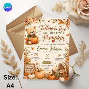 May include: An A4 baby shower invitation featuring a teddy bear holding a pumpkin, surrounded by autumn leaves. Text reads: Falling in Love with our little Pumpkin, honoring Emma Johnson, Saturday November 25th 2027, 2:00 PM, The Williams Residence, 234 Autumn Lane, Los Angeles, CA, RSVP to Anne at 123-456-7890, Registered at Target & Amazon.