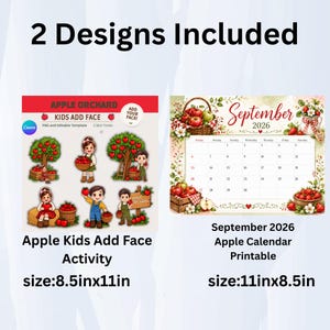 Könnte beinhalten: Zwei digitale Designs, darunter ein Apple Kids Add Face Aktivitätsblatt mit 21,59 cm mal 27,94 cm und ein druckbarer Kalender für September 2026 mit 27,94 cm mal 21,59 cm, beide mit Illustrationen von Kindern und Äpfeln.