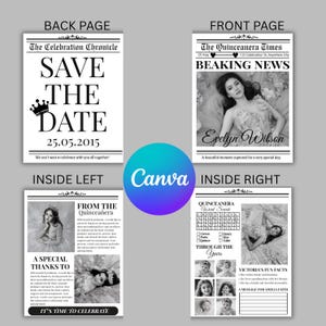 May include: A black and white newspaper-style invitation with the text "SAVE THE DATE" and "25.05.2015". The front page features a photo and the headline "BEAKING NEWS". The invitation is for a Quinceañera.