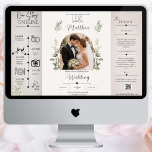 Könnte beinhalten: Eine digitale Hochzeitseinladungsvorlage auf einem Computerbildschirm. Das Design zeigt einen Zeitplan der Ereignisse, ein zentrales Foto eines Paares sowie Hochzeitsdetails wie Empfang, Unterkunft und RSVP-Informationen mit einem QR-Code.