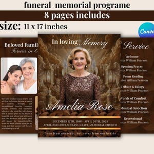Peut inclure: Un programme commémoratif de funérailles de 8 pages mesurant 11 par 17 pouces. Le design présente des tons bruns avec le portrait d'une femme, le texte In loving Memory, Amelia Rose, les dates 12 décembre 1986 - 20 avril 2025 et les détails.