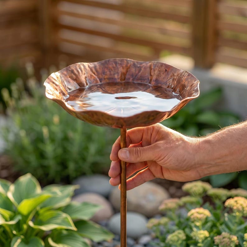 Vaschetta per uccelli rustica in metallo con paletto da giardino, mangiatoia a ciotola, vaschetta per uccelli a forma di fiore, ornamento da giardino, decorazione per il giardino naturalistico, arte da patio immagine 3